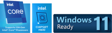 Intel Core 12. Generation og Intel H610 chipset og Windows 11 Ready logo