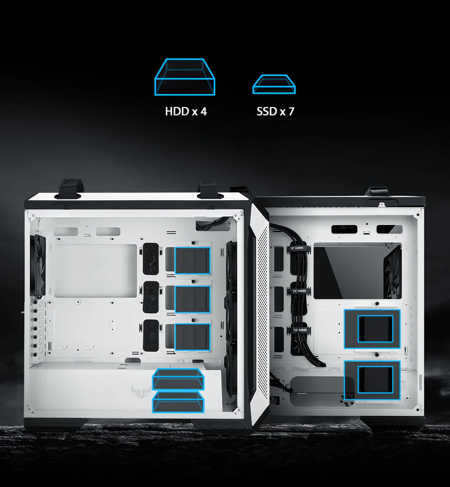 Oversigt over SSD og HDD-pladser i ASUS TUF Gaming GT501