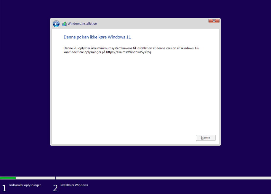 Meddelelse om TPM ved forsøg på installation af Windows 11