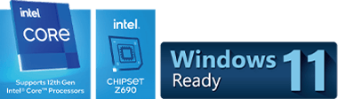 Intel Core 12. Generation, Intel Z690 chipset logo og Windows 11 logo
