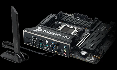 TUF Gaming B850-PLUS WiFi bundkort med tilsluttet ASUS Q-Antenna