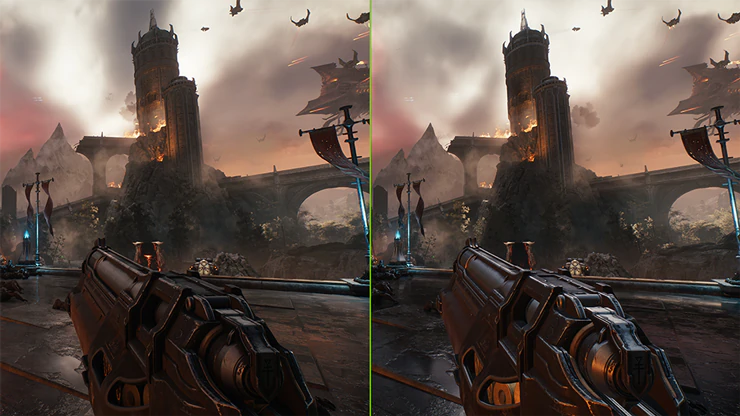 ISammenligning af grafik fra Doom: The Dark Ages med og uden Path Tracing