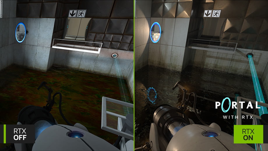 Screenshot fra spillet Portal med og uden RTX-effekter